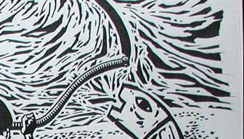 Black & white original art in the woodcut engraving style.