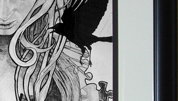 Black & white original art in the woodcut engraving style.